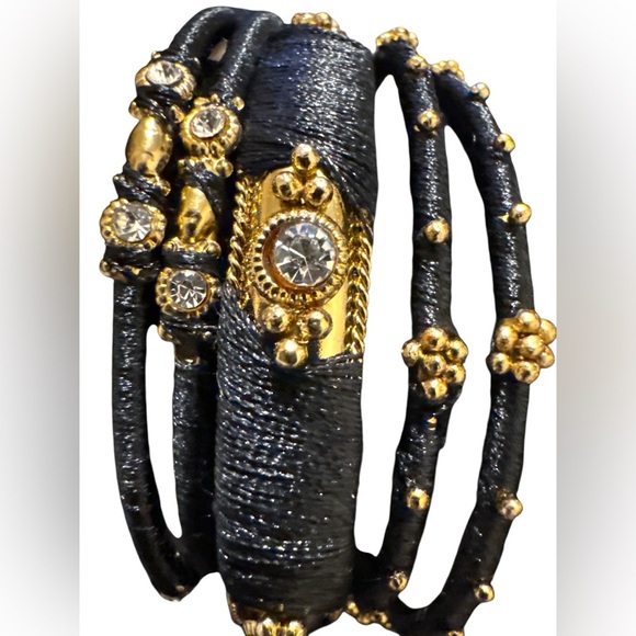 Black And Goldtone Bangle Set Of 5 Thread Wrapped w/ Rhinestones Approx 9” - Picture 3 of 4
